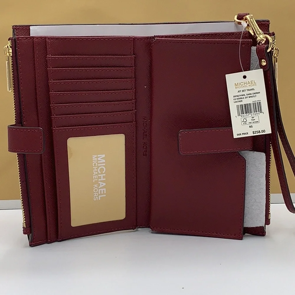 MICHAEL KORS LARGE DOUBLE ZIP WRISTLET WALLET DARK CHERRY COLOR MERLOT M… - Picture 2 of 16